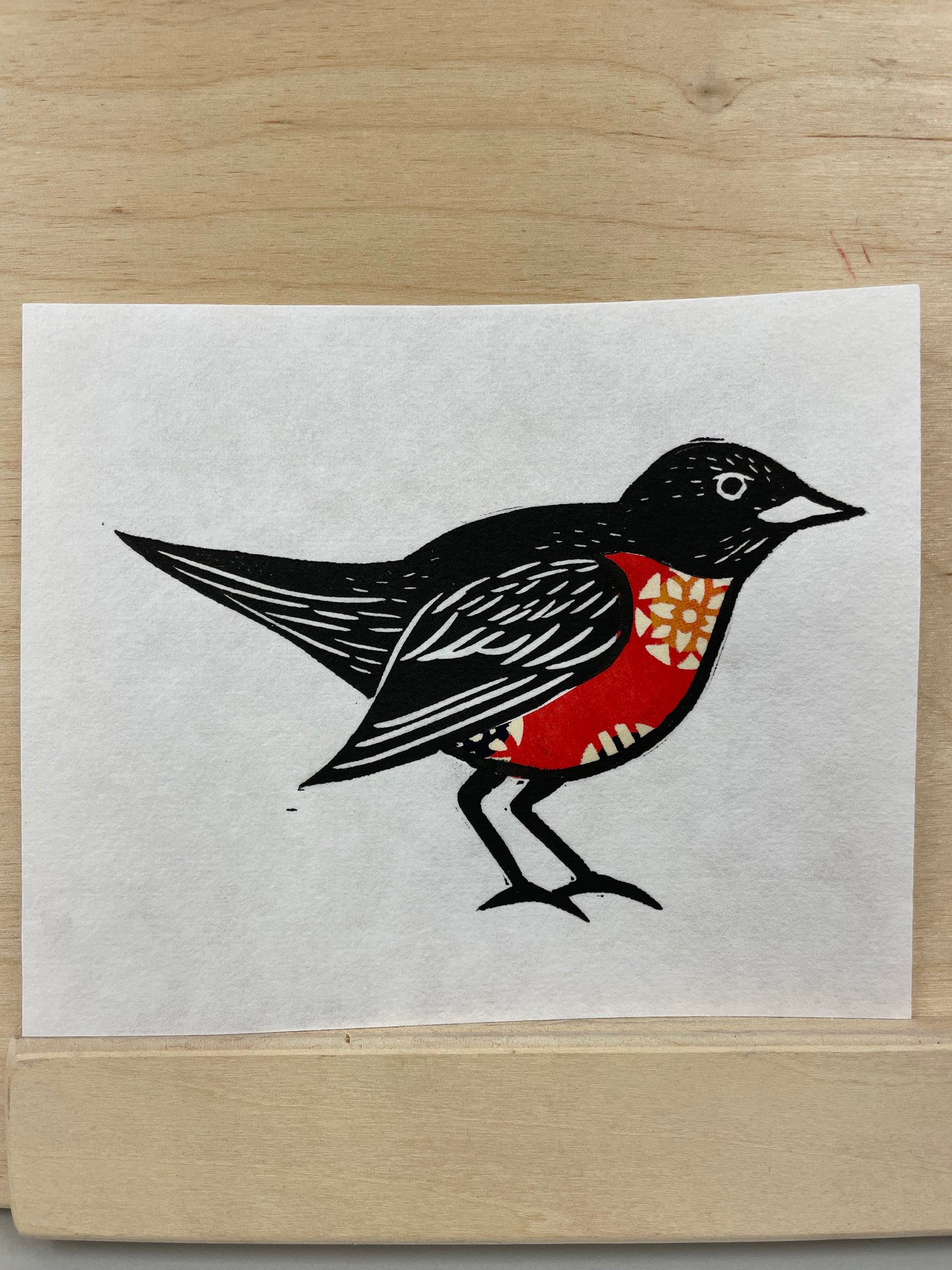 Robin Linocut + Chine Collé Print